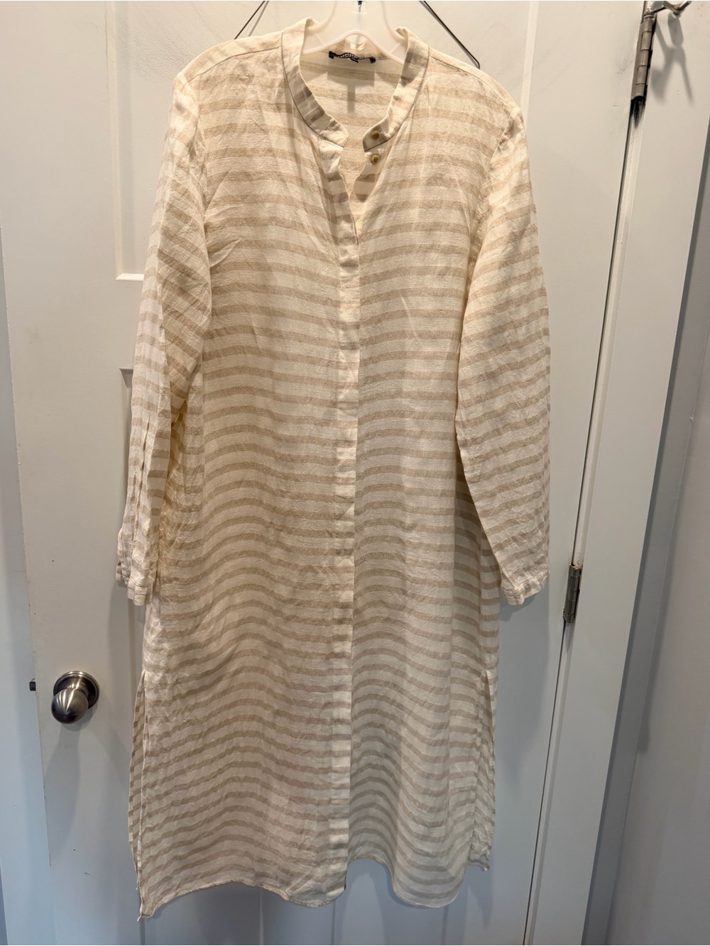 Lafayette 148 New York XL Linen Blend Striped Shirt Dress Beige Ivory